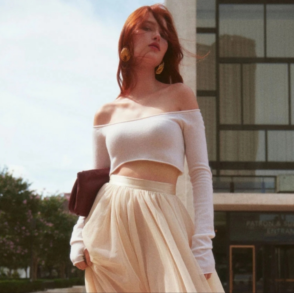 Reformation White Off-Shoulder Crop Top Cashmere Sweater